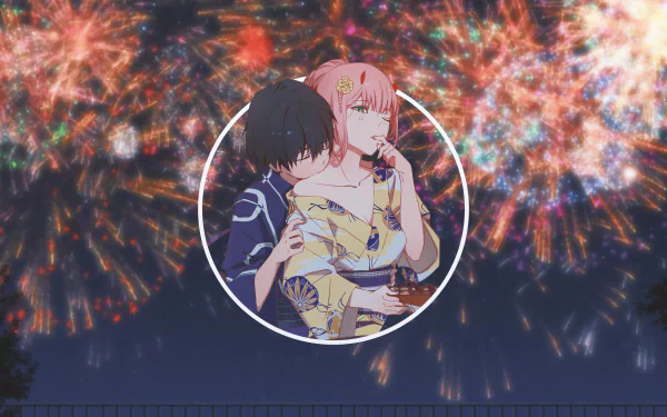 4K Ultra HD anime wallpaper featuring Hiro and Zero Two from Darling in the FranXX with a picture-in-picture effect against a vibrant fireworks background.