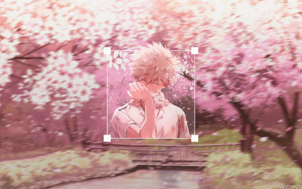 Katsuki Bakugou from My Hero Academia is featured in a vibrant anime 4K Ultra HD PC desktop wallpaper with a picture-in-picture effect amid pink cherry blossoms.