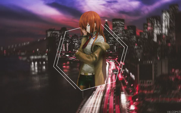 Kurisu Makise (Steins;Gate) anime character with arms crossed inside a hexagonal frame against a neon city skyline at night — 4K Ultra HD PC desktop wallpaper background.