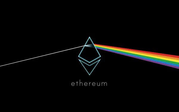 HD desktop wallpaper of the Ethereum logo with a prism effect creating a rainbow, on a black background.