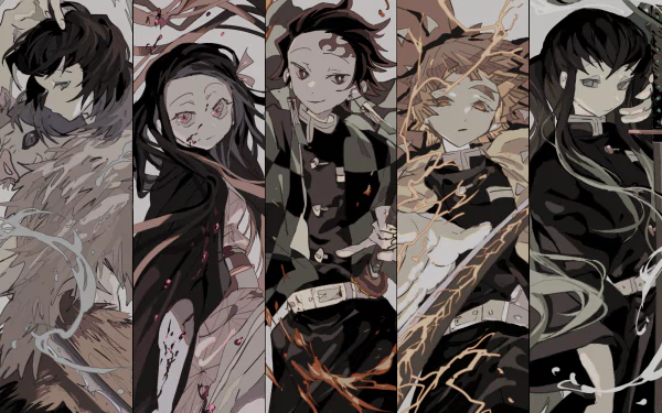 HD PC desktop wallpaper featuring Muichiro Tokito, Tanjiro Kamado, Nezuko Kamado, Inosuke Hashibira, and Zenitsu Agatsuma from the anime Demon Slayer: Kimetsu no Yaiba.