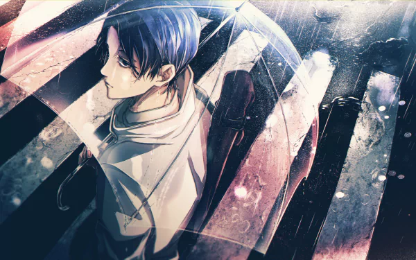 Yuta Okkotsu from Jujutsu Kaisen anime under a translucent umbrella in rain, moody blue lighting — 5K Ultra HD PC desktop wallpaper/background.