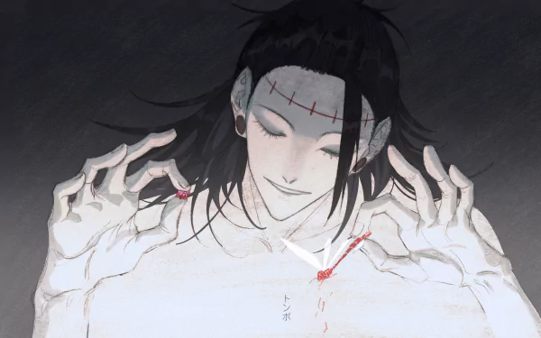 2K Quad HD PC desktop anime wallpaper of Suguru Geto / Kenjaku (Jujutsu Kaisen): pale, stitched forehead, serene smile, hands pulling a bloodied thread across his chest.