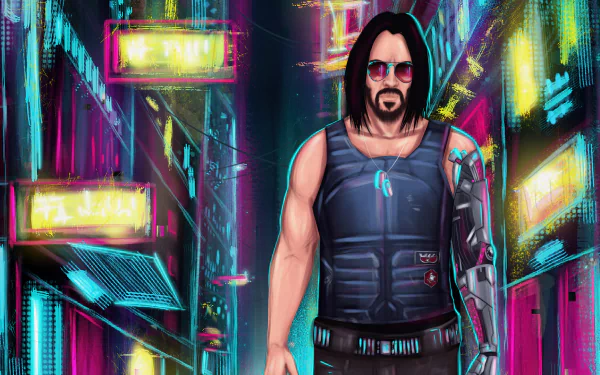 Johnny Silverhand from Cyberpunk 2077 stands in a neon-soaked futuristic alley, cybernetic arm and vest visible — 5K Ultra HD cyberpunk video game desktop wallpaper.
