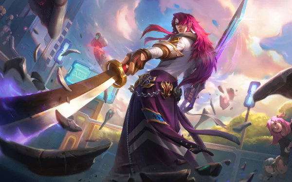 Yone (League of Legends) wielding twin blades in a dynamic mid-air pose amid floating platforms and purple light — 5K Ultra HD PC desktop wallpaper/background, video game artwork.