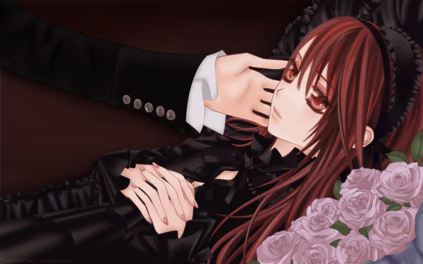 HD PC desktop wallpaper/background of Yuki Cross from the anime Vampire Knight: reclining in a black gothic outfit with long red hair and roses.