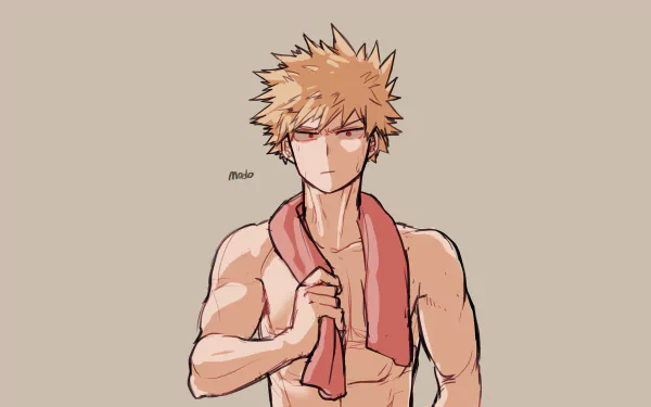 Katsuki Bakugou (My Hero Academia), shirtless with a towel over his shoulders and a fierce glare — anime 4K Ultra HD PC desktop wallpaper.