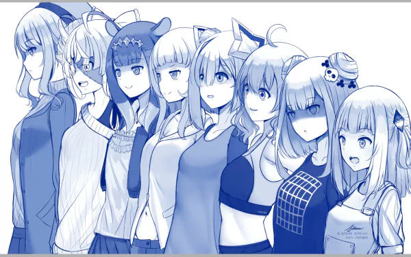 HD PC desktop wallpaper featuring anime-style virtual YouTubers from hololive, including Ninomae Ina'nis, Natsuiro Matsuri, Shion Murasaki, Kureiji Ollie, and others.