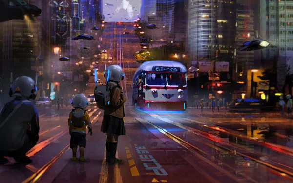 A futuristic city street at night with a sci-fi bus and children wearing helmets, rendered in vibrant 4K Ultra HD for an immersive PC desktop wallpaper.