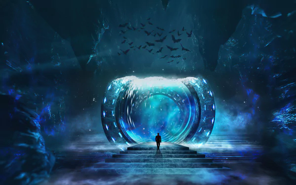 HD desktop wallpaper of a person standing before a glowing, mystical portal in a dark, icy cavern with birds flying overhead.