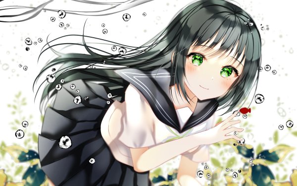 Anime Girl Black Hair Bubble Green Eyes Long Hair School Uniform Underwater HD Wallpaper | Background Image