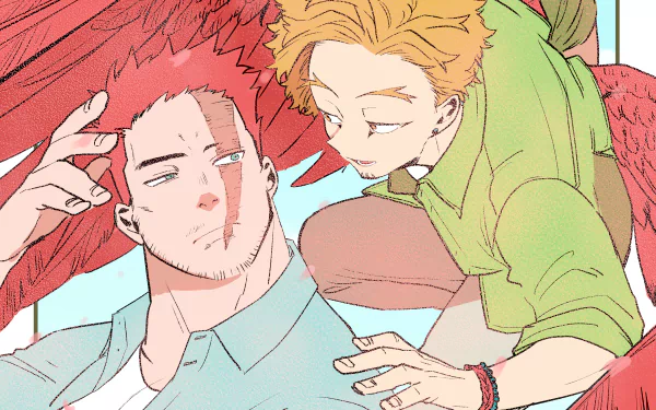 Anime-style 4K Ultra HD wallpaper featuring Keigo Takami (Hawks) and Endeavor from My Hero Academia sharing a moment with detailed expressions and vibrant colors.