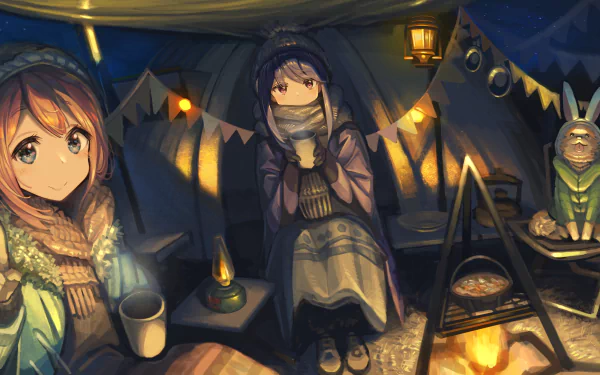 5K Ultra HD desktop wallpaper of Nadeshiko Kagamihara and Rin Shima with Chikuwa in a cozy lantern-lit tent, campfire cooking and camping gear — Laid-Back Camp anime