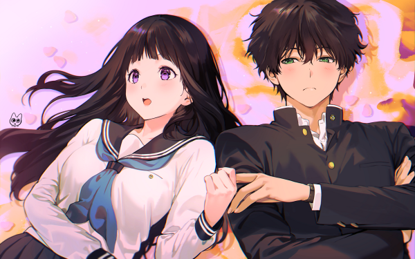Anime Hyouka Eru Chitanda Hōtarō Oreki School Uniform Black Hair Brown Hair Long Hair Purple Eyes Green Eyes HD Wallpaper | Background Image