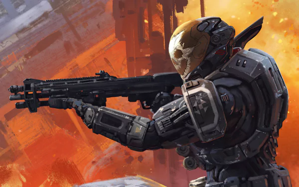 4K Ultra HD desktop wallpaper featuring a Halo: Reach warrior armed with a futuristic weapon against a fiery, war-torn background.