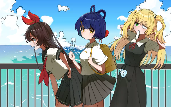 blue hair yellow eyes brown eyes brown hair green eyes blonde Xiangling (Genshin Impact) Fischl (Genshin Impact) Amber (Genshin Impact) video game Genshin Impact HD Desktop Wallpaper | Background Image