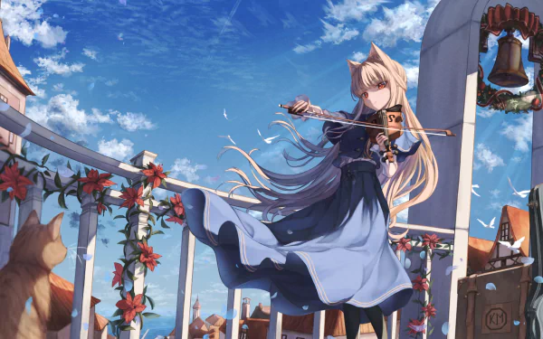 Anime girl with long blonde hair, animal ears, and red eyes plays violin on a balcony adorned with flowers and a bell, under a bright blue sky with clouds and a sitting cat nearby.