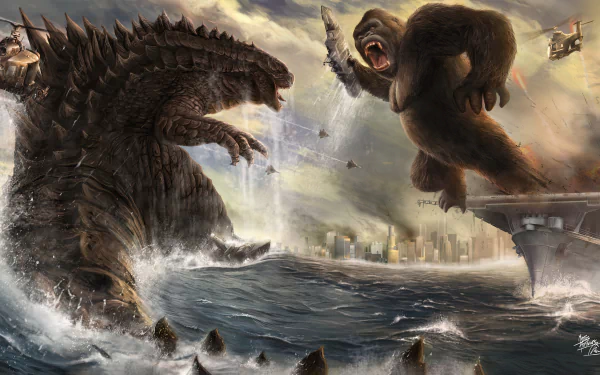 4K Ultra HD PC desktop wallpaper depicting an epic battle between King Kong and Godzilla from the movie Godzilla vs Kong over a stormy ocean near a cityscape.