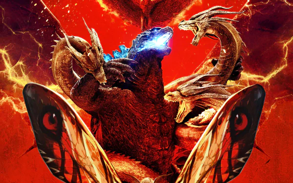 4K Ultra HD PC desktop wallpaper featuring Godzilla and King Ghidorah from the movie Godzilla: King of the Monsters, set against a fiery red background.