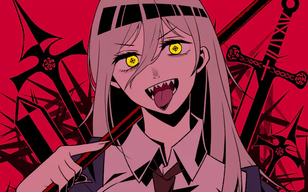 Anime character Power from Chainsaw Man with sharp teeth and yellow eyes against a red background with swords. HD desktop wallpaper and background.