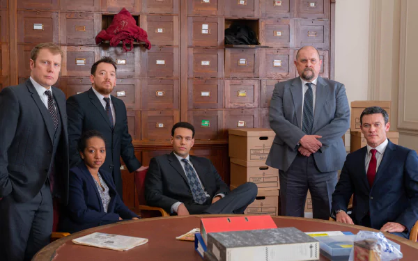 HD desktop wallpaper from The Pembrokeshire Murders featuring the cast posed solemnly in an office setting.