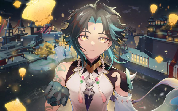 HD PC wallpaper featuring Xiao from Genshin Impact with yellow eyes and black-green hair, set against the glowing Lantern Rite festival backdrop.