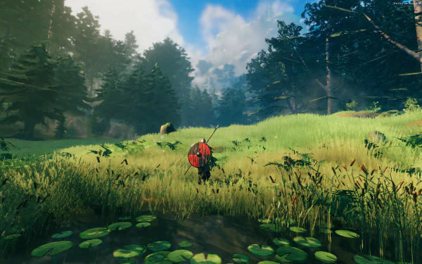 HD desktop wallpaper from Valheim, featuring a character in a vibrant forest with sun rays piercing through trees.