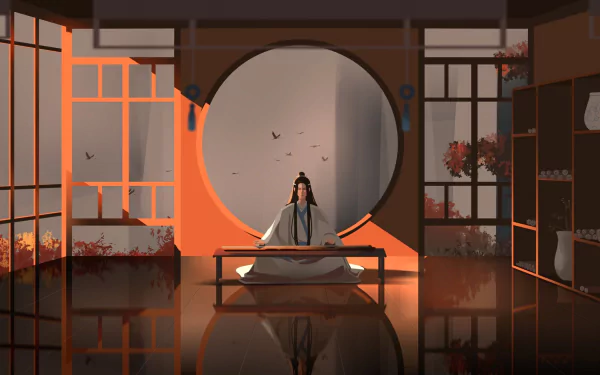 HD PC desktop wallpaper of Lan Wangji from Mo Dao Zu Shi — anime-style: he sits before a glowing moon gate in a tranquil hall, warm sunset light and a mirror-like floor reflection.