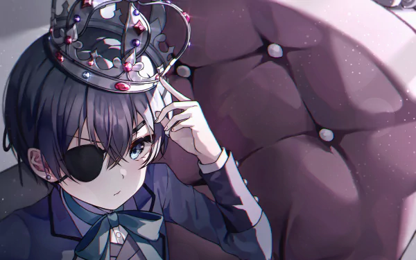 HD PC desktop wallpaper featuring Ciel Phantomhive from the anime Black Butler, wearing a crown and eyepatch with a dark, elegant background.