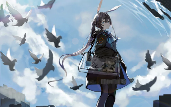 4K Ultra HD PC wallpaper featuring Amiya from the video game Arknights, standing against a bright sky with birds flying around her.