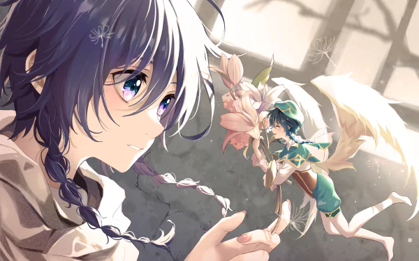 A detailed 4K Ultra HD PC wallpaper of Venti from the video game Genshin Impact, featuring soft lighting and delicate floral elements in a serene setting.