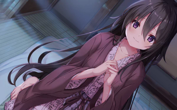 Anime girl with long black hair and purple eyes wearing a patterned yukata, seated in a tatami room — 4K Ultra HD PC desktop wallpaper/background.