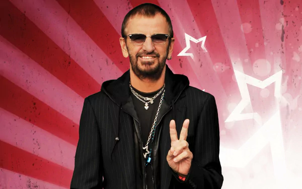 HD desktop wallpaper featuring a person giving a peace sign with a stylish red striped background and star graphics.