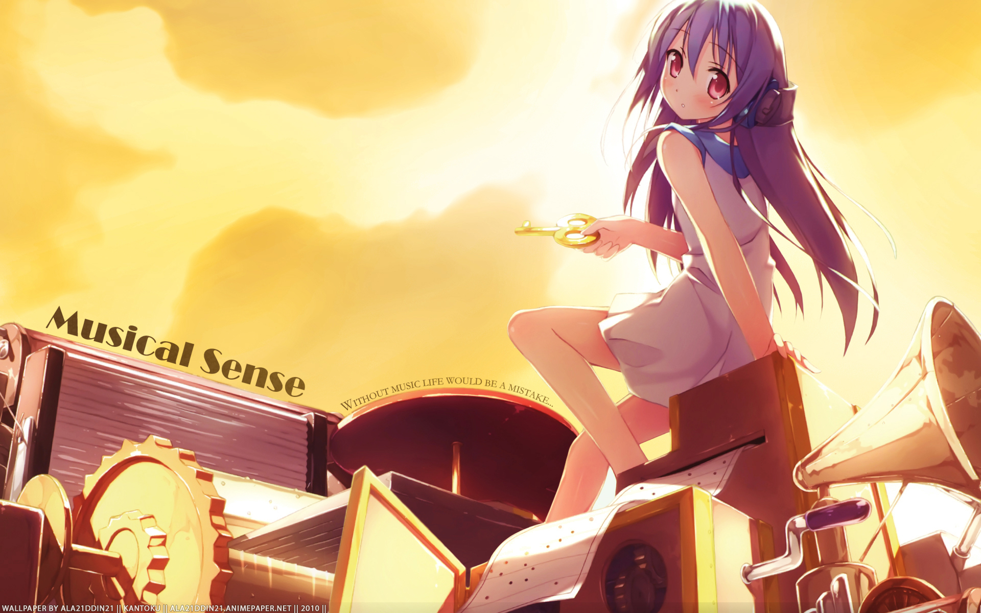 Anime-themed desktop wallpaper with headphones, created by カントク.