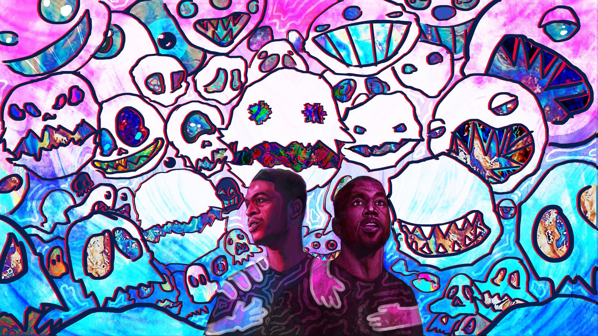 HD desktop wallpaper featuring an artistic rendition of the Kids See Ghosts theme with colorful, ghostly graphics and two stylized figures.