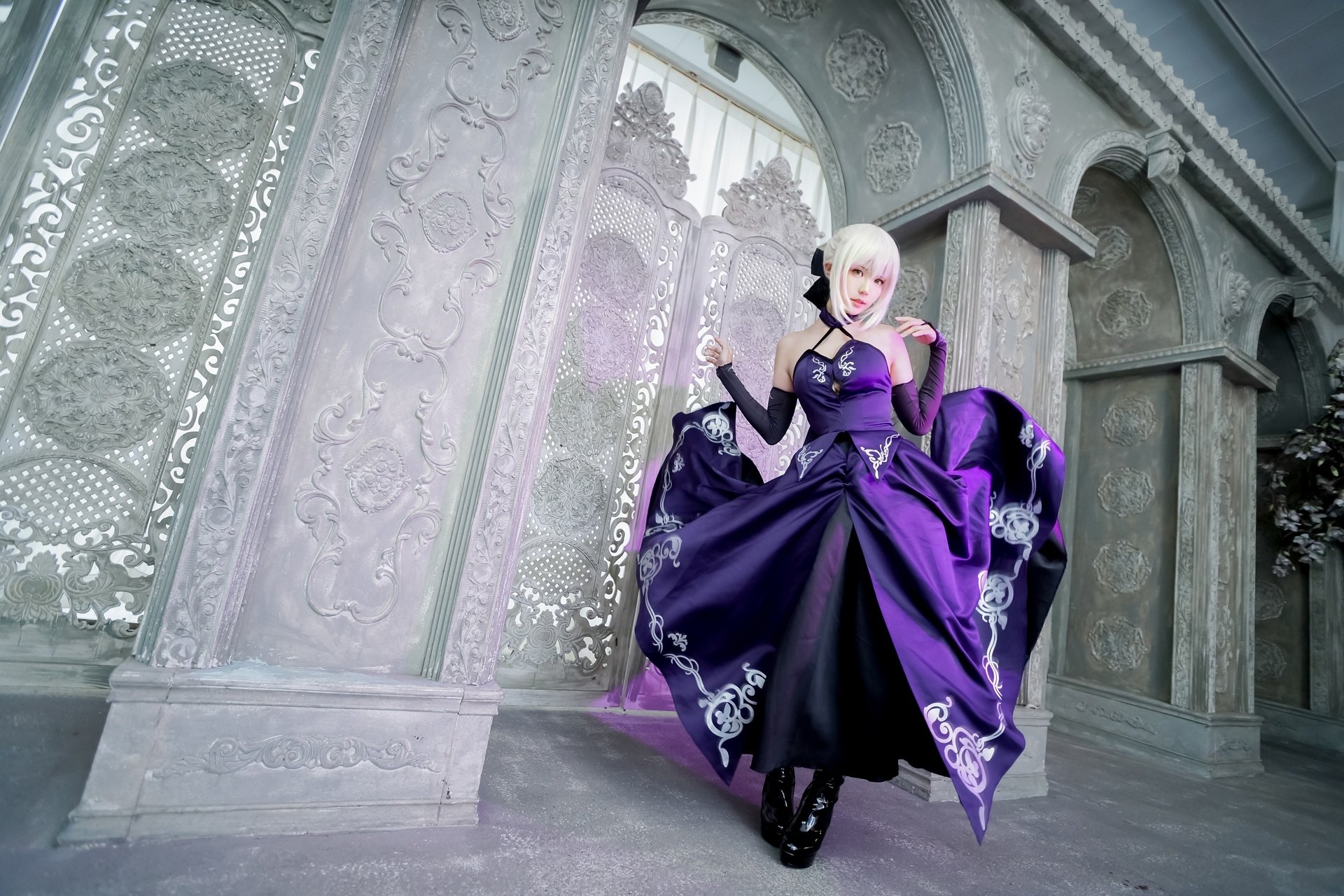 Download Asian White Hair Purple Dress Woman Cosplay HD Wallpaper by Ivan Kovalev