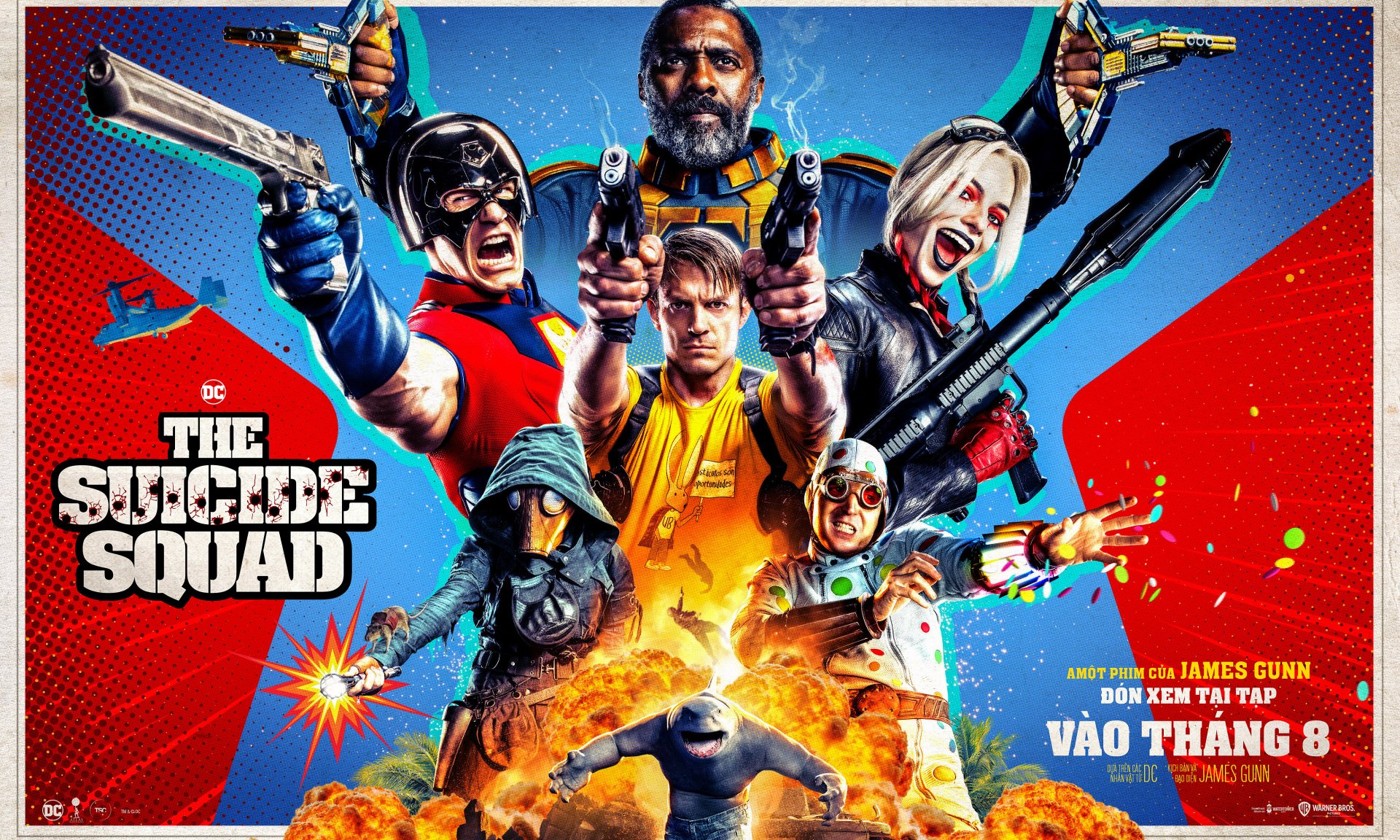 4K Ultra HD wallpaper featuring King Shark, Rick Flag, Peacemaker, Harley Quinn, Bloodsport, and others from The Suicide Squad movie starring Margot Robbie, John Cena, Joel Kinnaman, and Idris Elba.