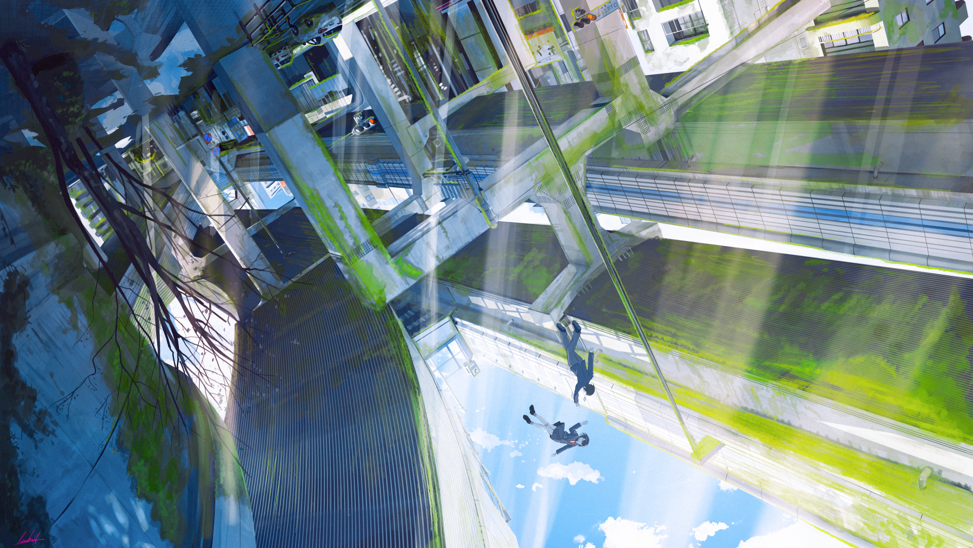 Anime-style cityscape with towering buildings and blue skies, presented in vibrant colors as a 4K Ultra HD PC desktop wallpaper and background.