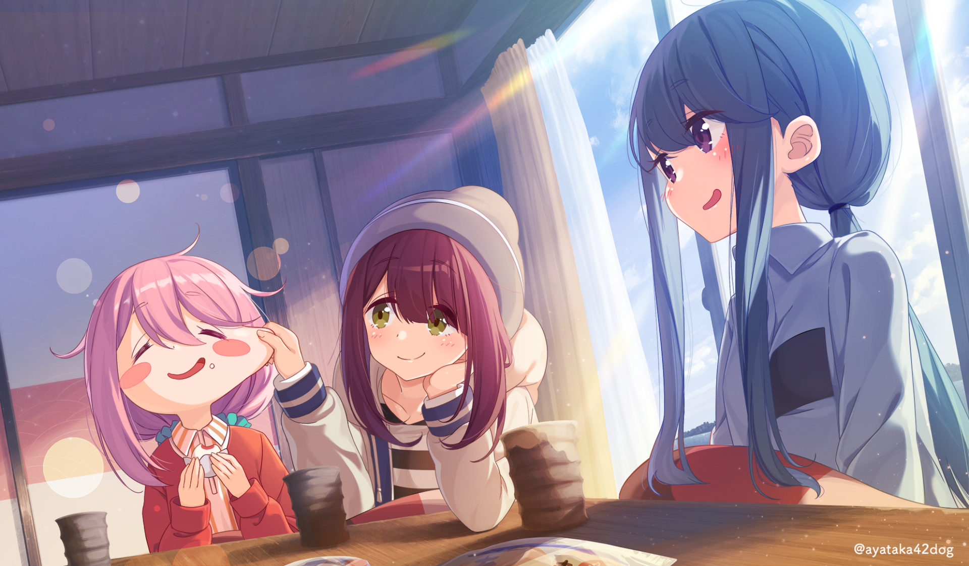 HD anime desktop wallpaper featuring Ayano Toki, Rin Shima, and Nadeshiko Kagamihara from Laid-Back Camp enjoying a cozy indoor moment together.