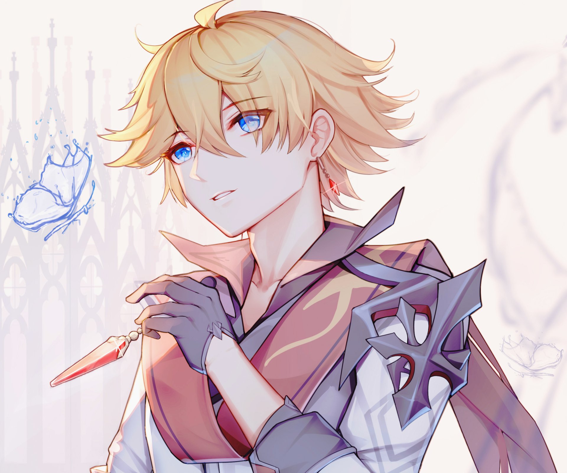 HD PC desktop wallpaper/background featuring Tartaglia (Childe) from the Genshin Impact video game: blond-haired, blue-eyed character holding a red dagger with a small blue butterfly.