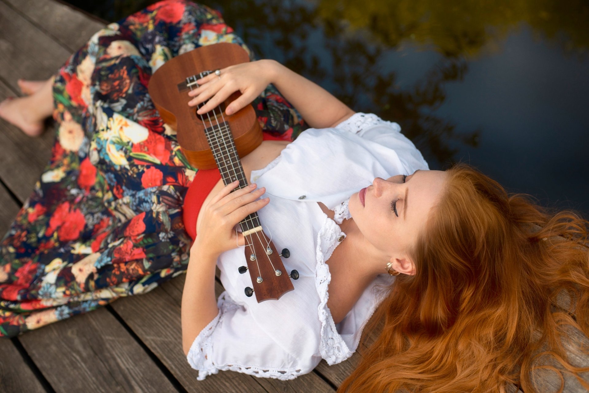 Download Ukulele Redhead Instrument Guitar Lying Down Model Woman Mood HD Wallpaper by Dmitry Levykin