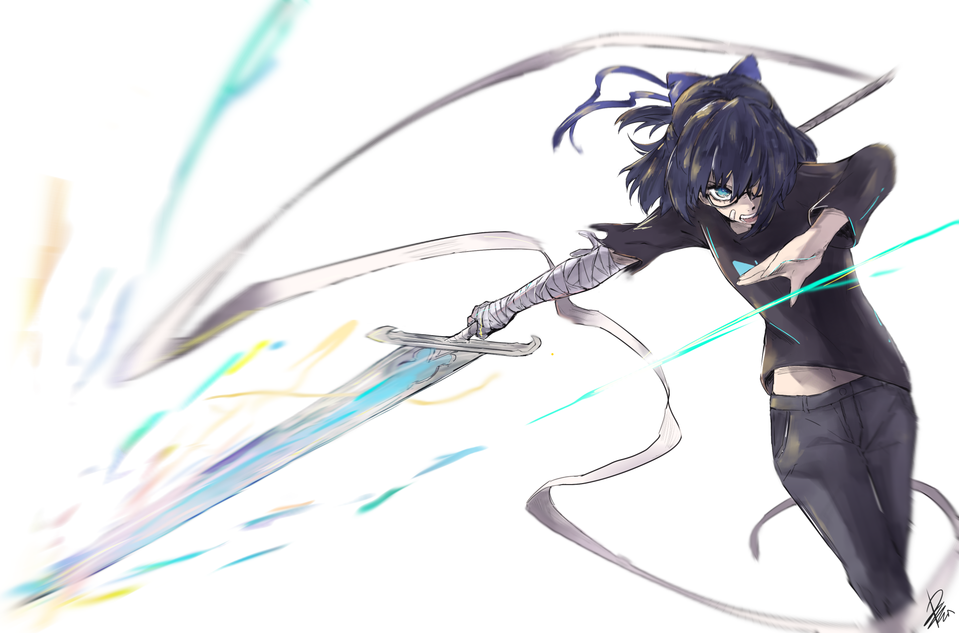HD PC desktop wallpaper featuring Yuujin A, an anime-style virtual YouTuber from hololive, depicted dynamically wielding a sword in action.