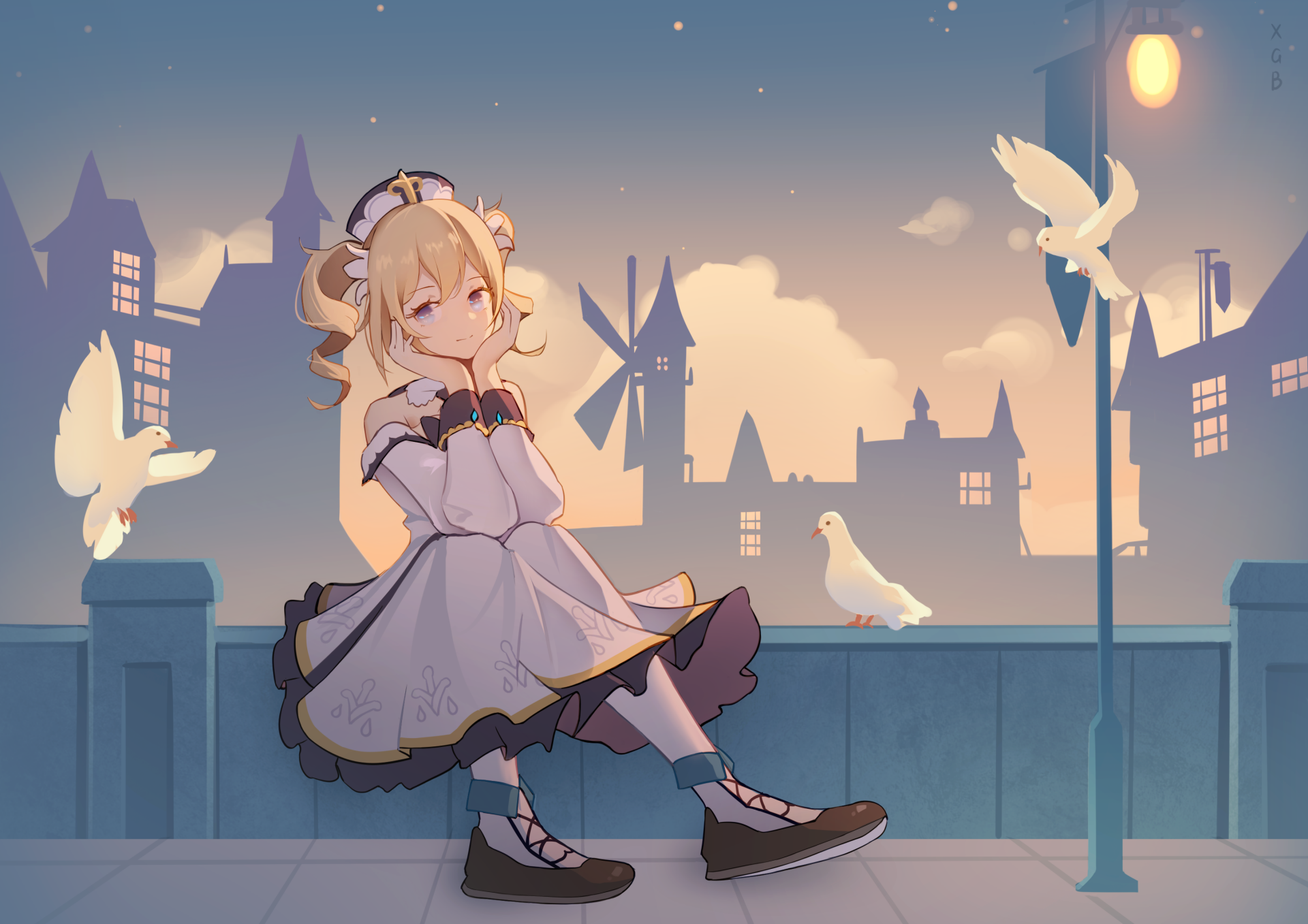 HD PC desktop wallpaper featuring Barbara from the video game Genshin Impact sitting on a rooftop at dusk, surrounded by white doves and cityscape silhouettes.