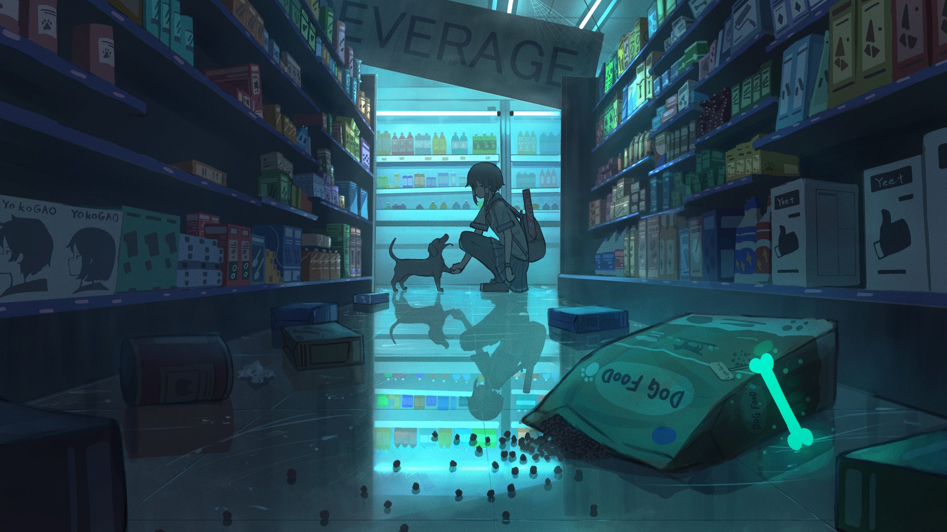 Anime girl and dog share a moment in a softly lit store aisle, captured in detailed 4K Ultra HD for a PC desktop wallpaper background.