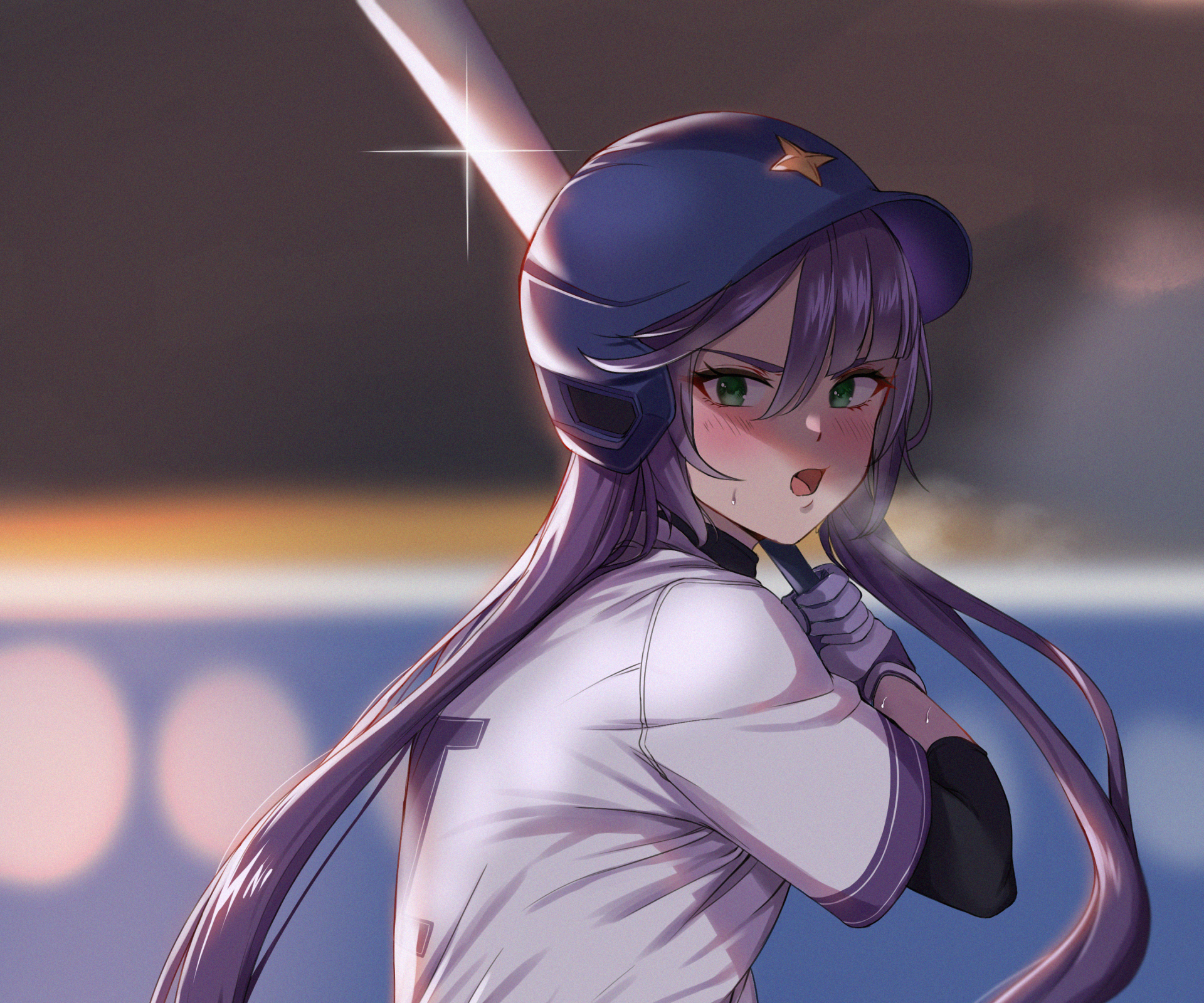 HD PC desktop wallpaper featuring Mona from the video game Genshin Impact with her distinctive purple hair and green eyes in a dynamic pose.