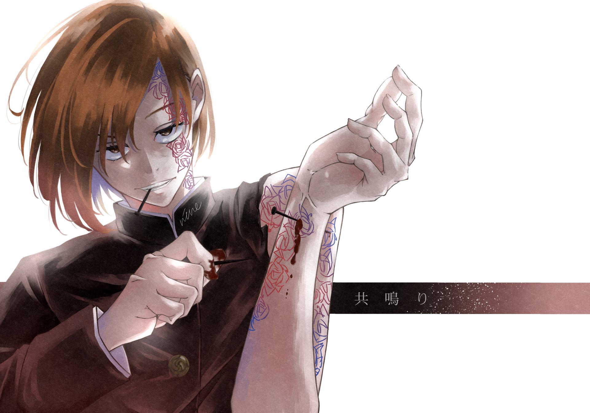 Nobara Kugisaki from Jujutsu Kaisen in her school uniform, with brown eyes and hair, holding a knife to her arm in a detailed 4K Ultra HD anime wallpaper.