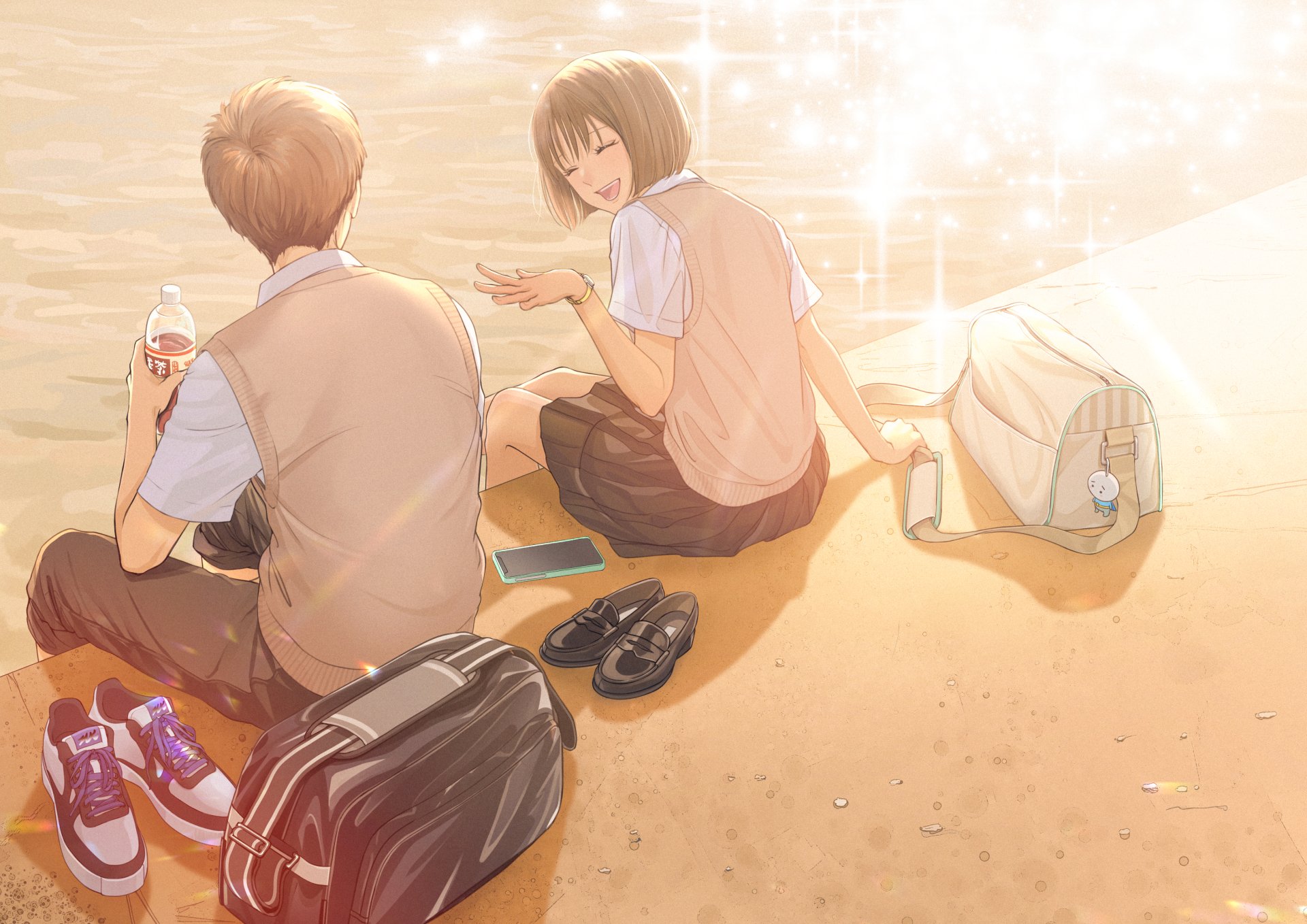 4K Ultra HD PC desktop wallpaper: anime scene of two friends in school uniforms with short hair, laughing on a sunlit beach, backpacks and shoes beside them.