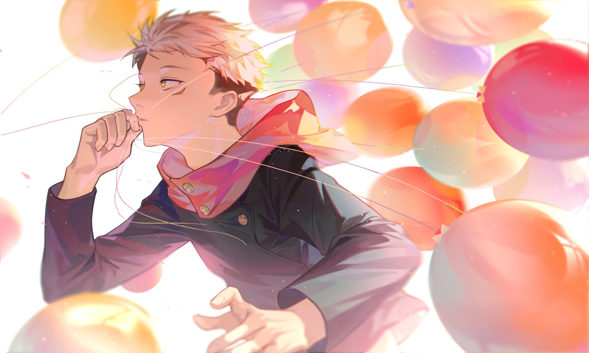 Anime HD desktop wallpaper featuring Yuji Itadori from Jujutsu Kaisen in a school uniform surrounded by colorful balloons.