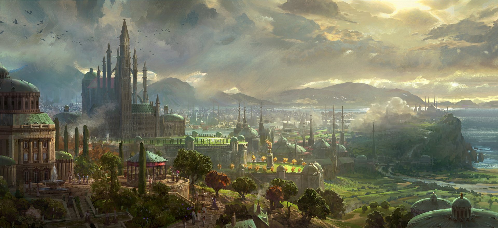 HD fantasy cityscape desktop wallpaper featuring a majestic medieval city with towering spires, lush greenery, and rolling hills under a dramatic sky.