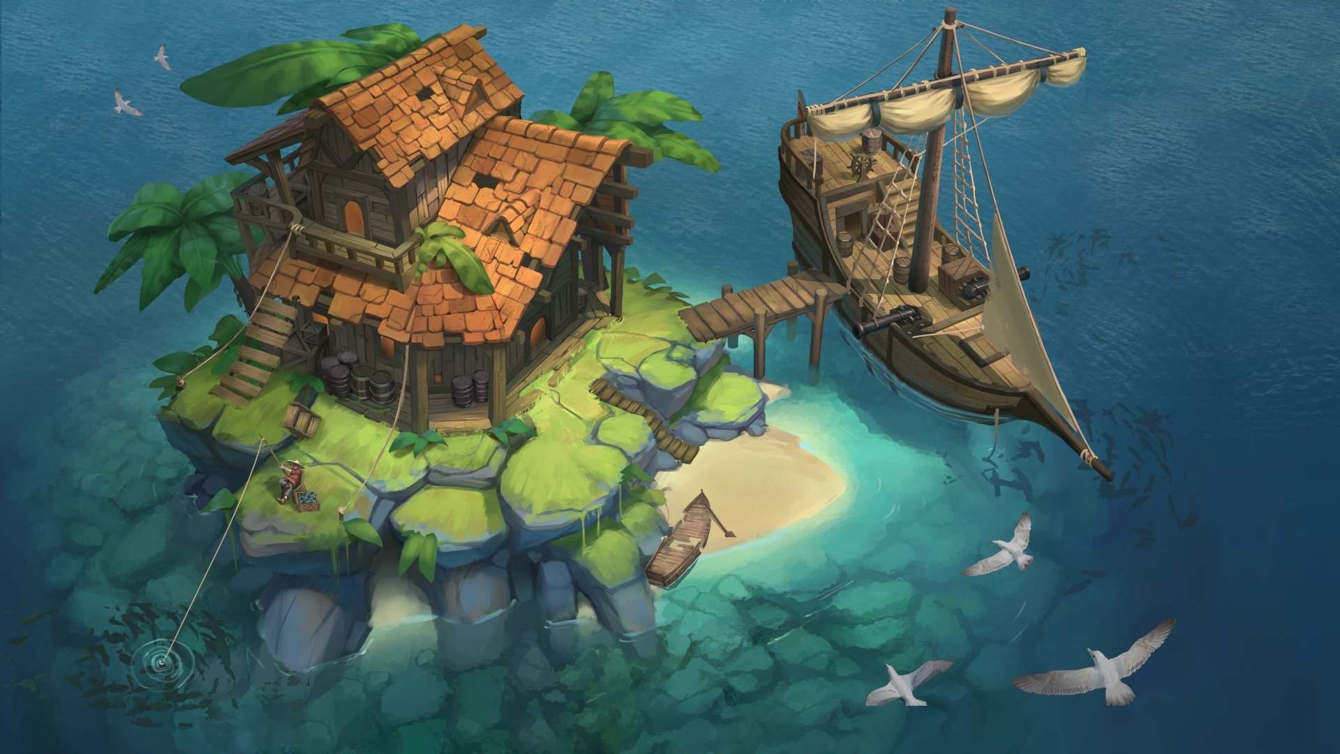 A vibrant fantasy island features a quaint house with a tiled roof and a sailing ship nearby, surrounded by crystal-clear waters and seagulls, all in stunning 4K Ultra HD detail.